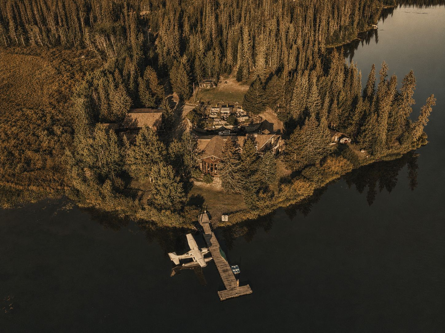 Eagle's Nest from the air: the lodge and cabins among spruce on a point of land, with the dock running out into Anahim Lake and a float plane tied alongside.