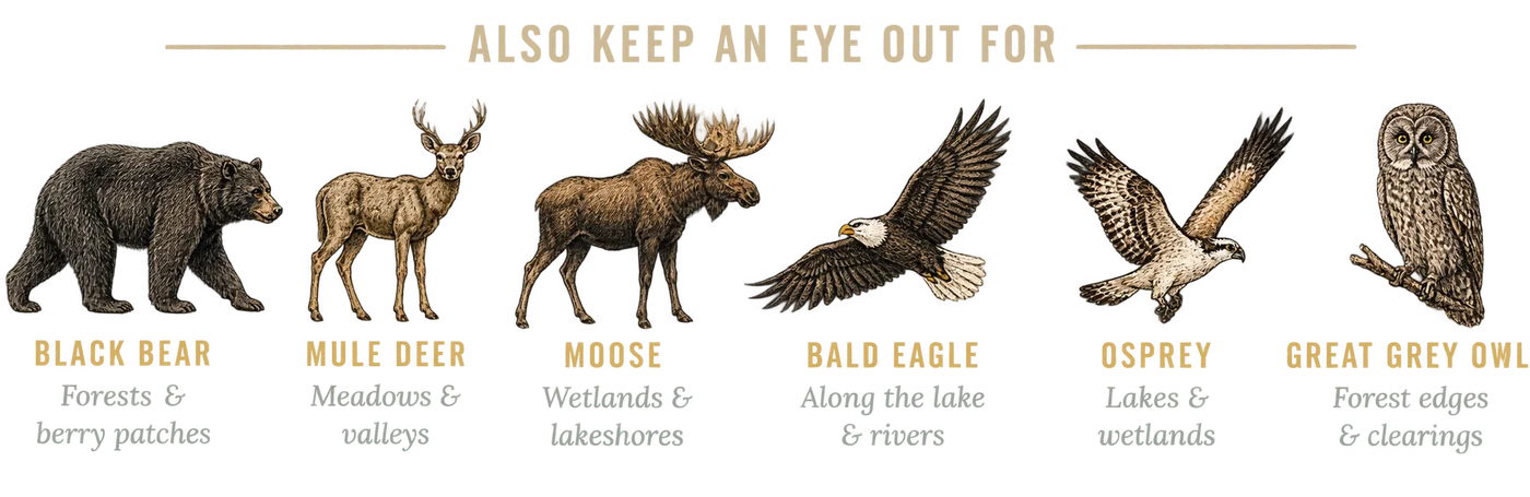 Also keep an eye out for: black bear in forests and berry patches, mule deer in
                meadows and valleys, moose in wetlands and lakeshores, bald eagle along the lake
                and rivers, osprey on lakes and wetlands, and great grey owl at forest edges and
                clearings.