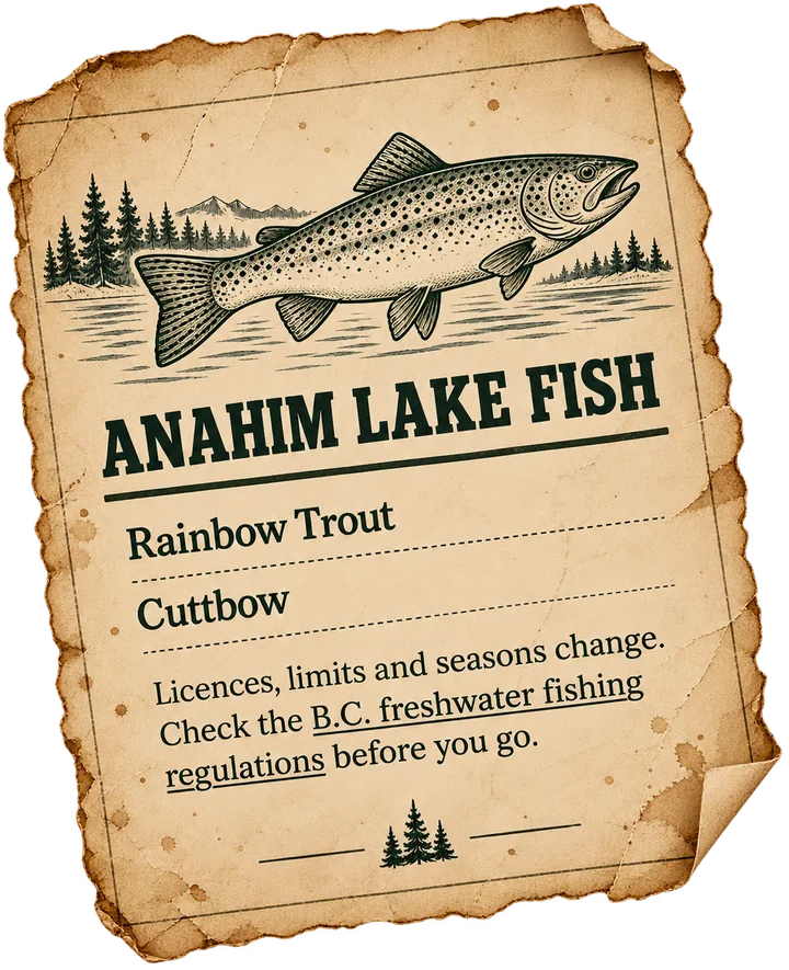 Anahim Lake fish: rainbow trout and cuttbow. Licences, limits
      and seasons change &mdash; check the B.C. freshwater fishing regulations before you
      go. Opens the regulations in a new tab.