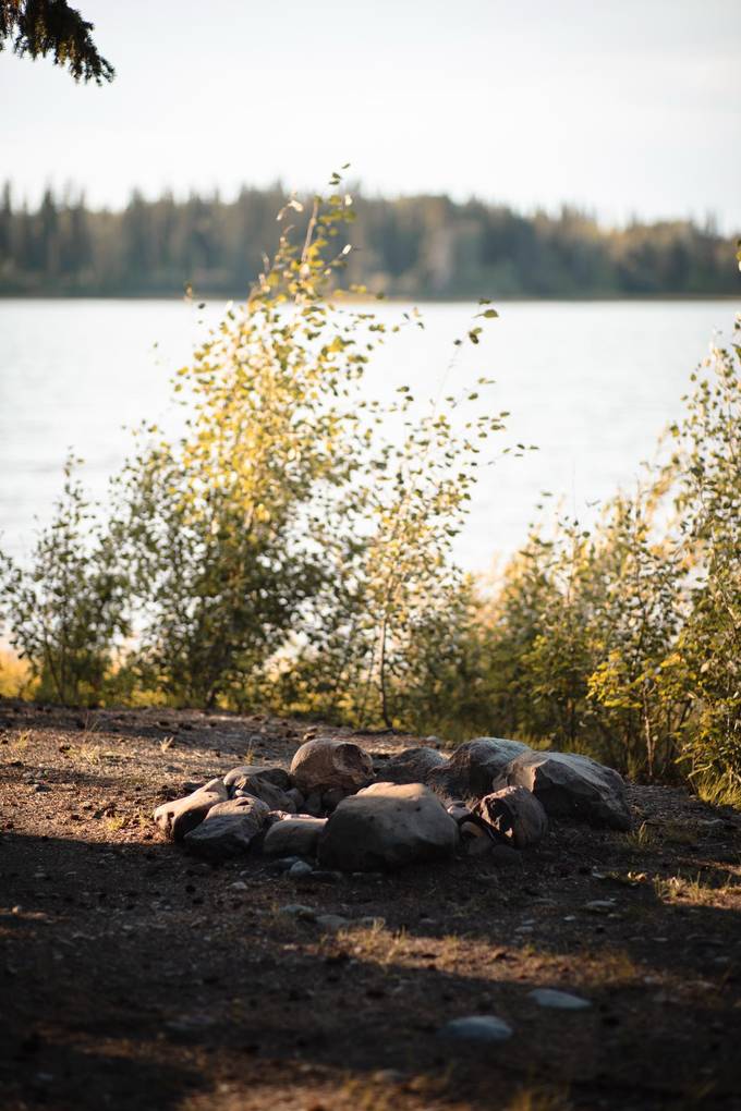 Fire ring by the water at Eagle's Nest Resort, Anahim Lake.