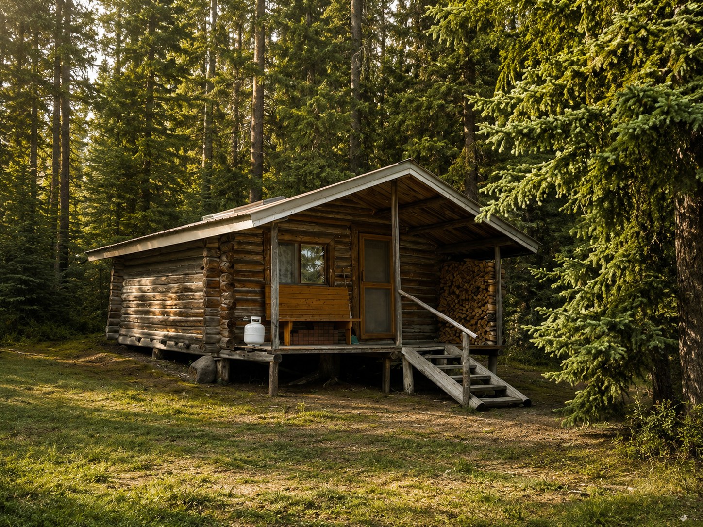 Heritage 2 in summer: a log cabin on posts in a clearing among the spruce, with a covered porch, a bench under the window and split wood stacked at the end.