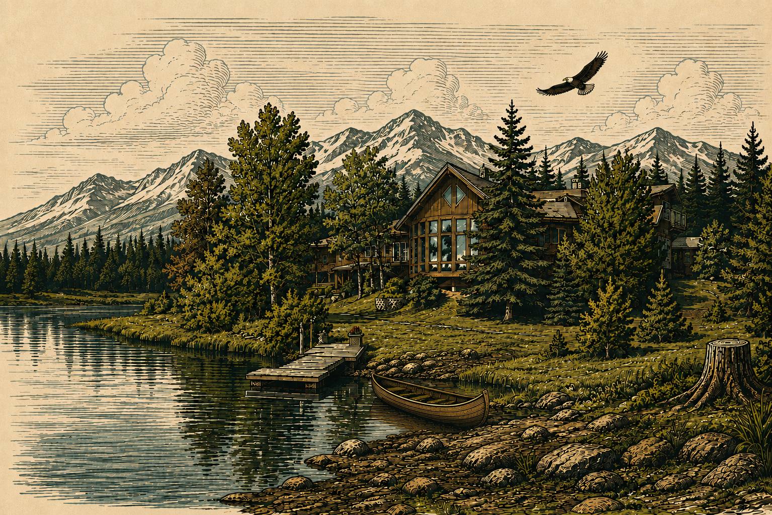 An engraving of Eagle's Nest Resort: the timber lodge above Anahim Lake with its tall window wall, a dock and moored boats, a canoe drawn up on the stones, spruce and aspen, snowcapped Coast Mountains behind, and a bald eagle overhead.