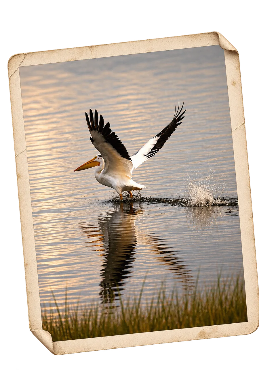 An American white pelican lifting off the
               water, as a weathered print.