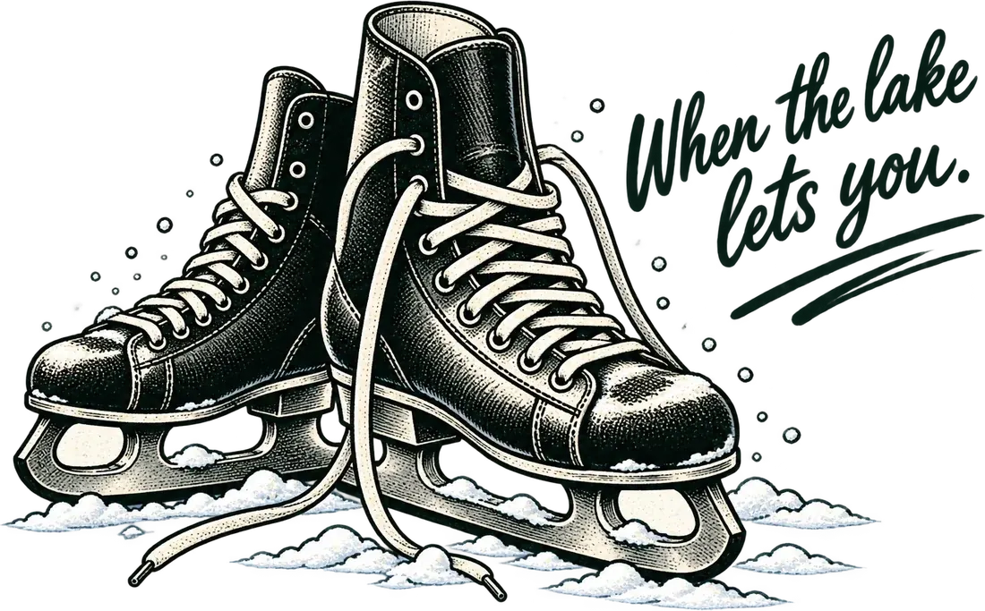 A pair of old skates standing in the snow. When the lake lets you.