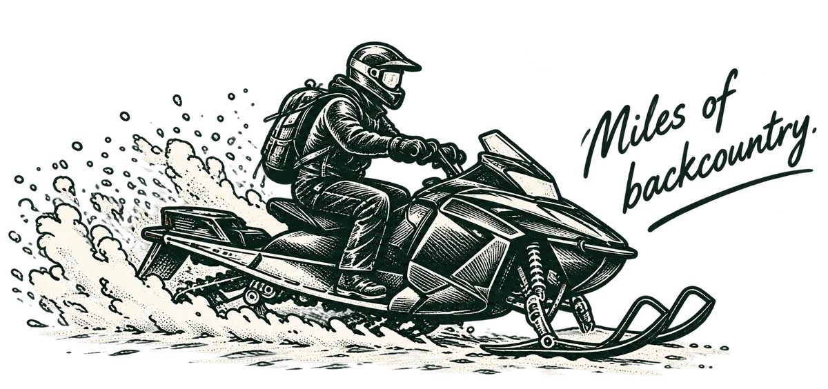 A rider on a snowmobile throwing up a wall of snow. Miles of backcountry.