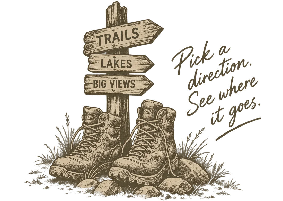 A weathered wooden signpost pointing to trails, lakes and big views, with a pair
                of hiking boots at its foot. Pick a direction. See where it goes.