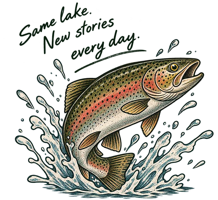 A rainbow trout leaping clear of the water. Same lake. New stories every day.